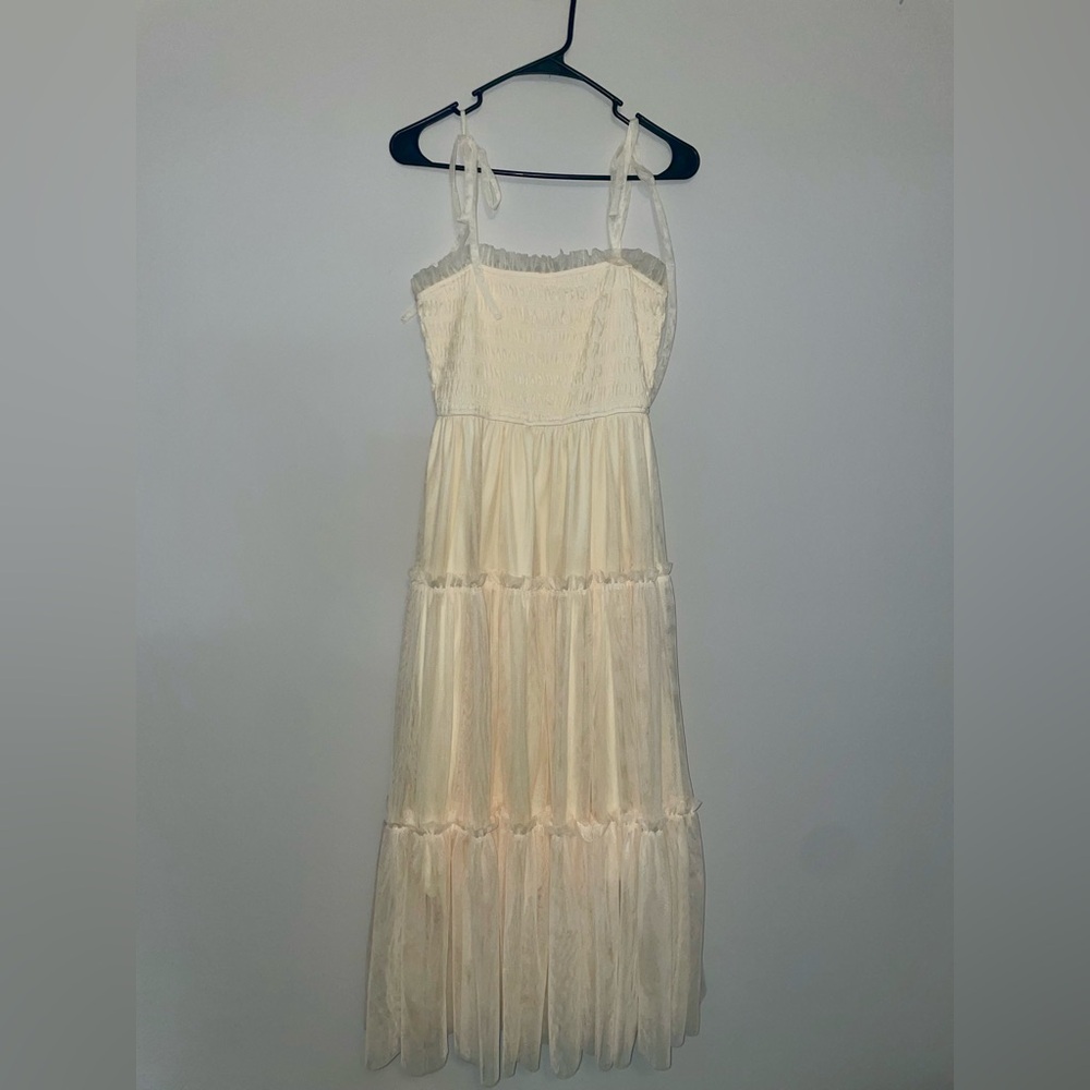 Buttercream Smocked Tie Strap Tulle Midi Dress